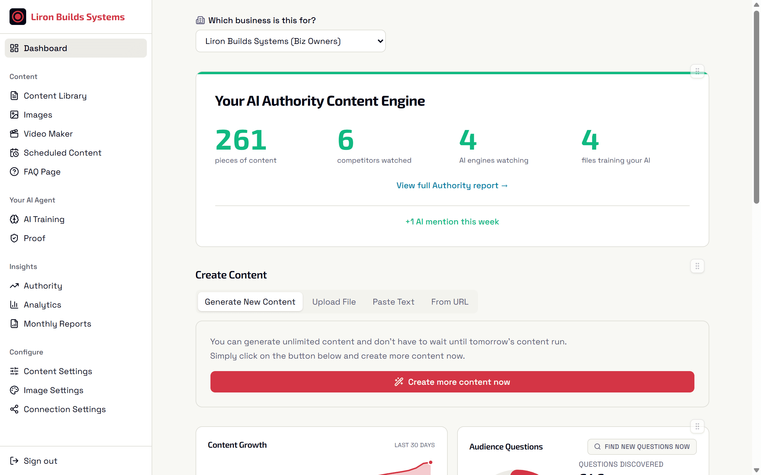 Answer Content Engine client portal dashboard showing buyer questions found and answers published