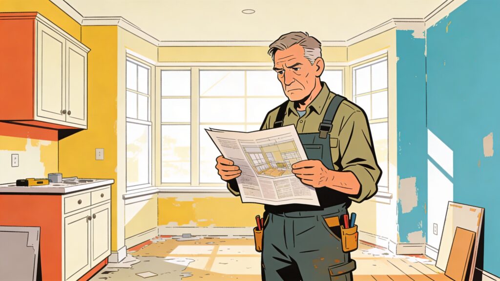 Experienced tradesperson in work clothes reviewing project documents inside a beautifully finished renovation space with natural light