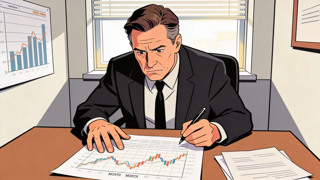 Business owner in his mid-40s reviewing a printed revenue chart at a desk, pen in hand, focused expression, natural window light