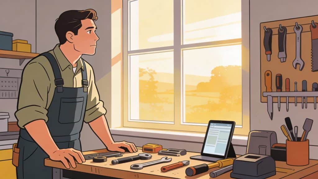A service business owner standing at a workbench with project materials, looking out a window in natural afternoon light, no devices visible.