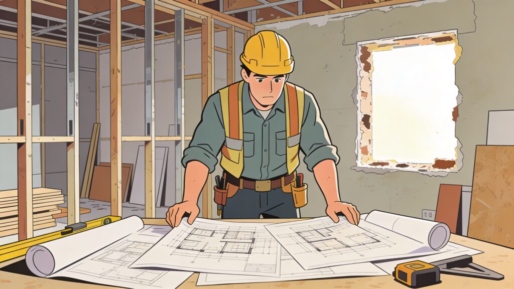 Tradesperson reviewing architectural plans in a partially renovated room with exposed framing and natural light through an unfinished window opening.