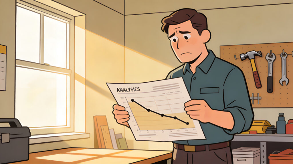 Business owner reviewing a printed analytics report with a sharp downward trend at a desk in a trade service office with natural window light