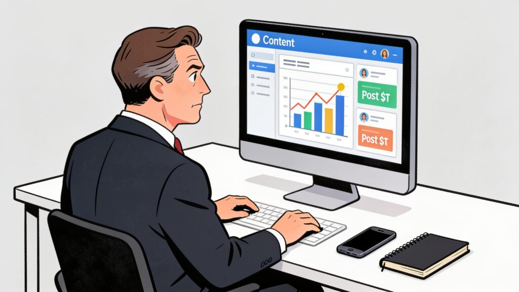 Professional in their mid-forties reviewing a content analytics dashboard on a monitor while their notebook and phone sit untouched beside them