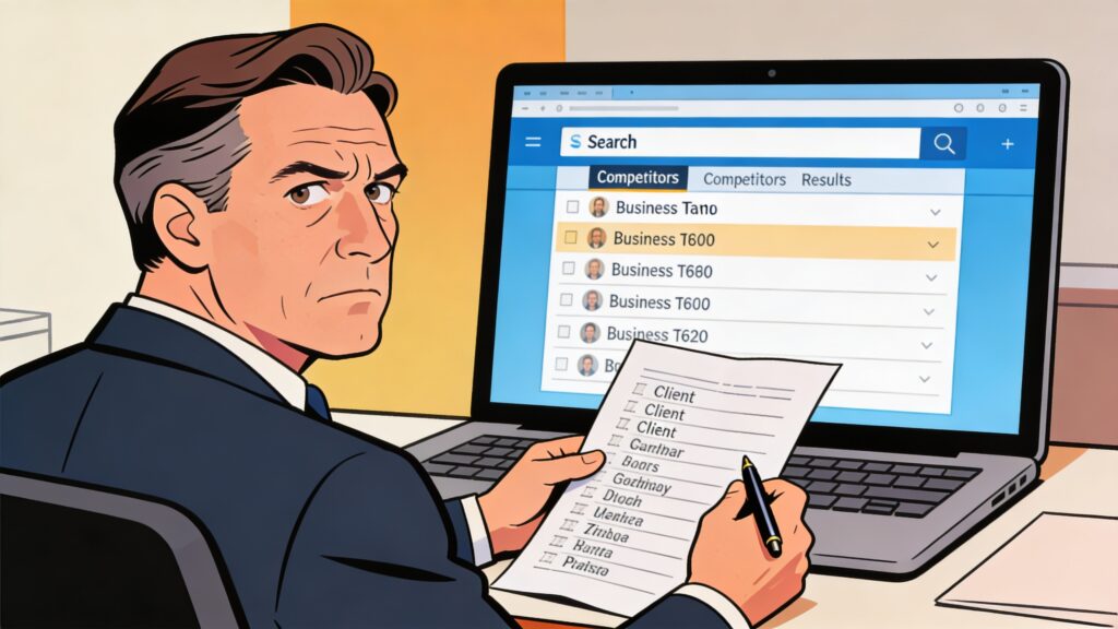 Business owner reviewing a handwritten client list at a desk while a laptop screen behind them shows search results with competitors listed above their own business name.