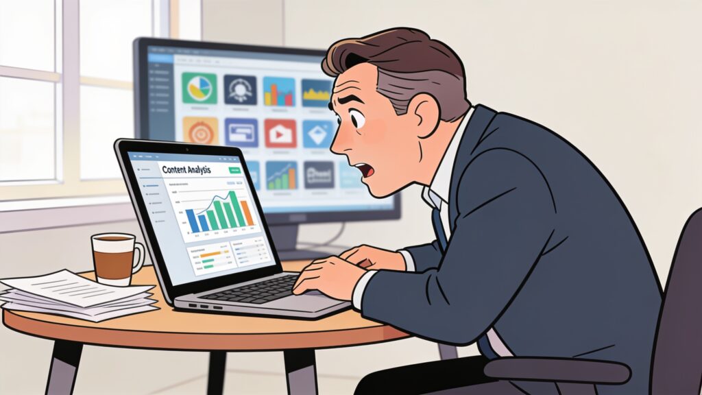 Business owner in their forties studying a content analytics dashboard on a laptop in a small office, with a secondary monitor visible behind them
