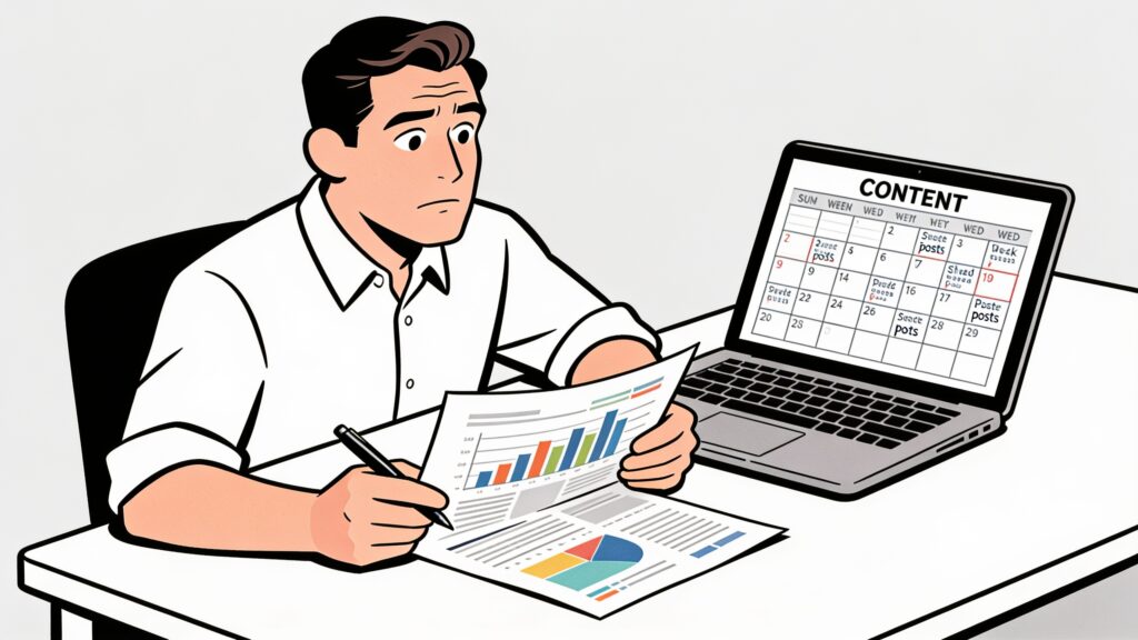 Business owner in a collared shirt reviews a printed analytics report at a desk with a laptop showing a pre-scheduled content calendar beside them