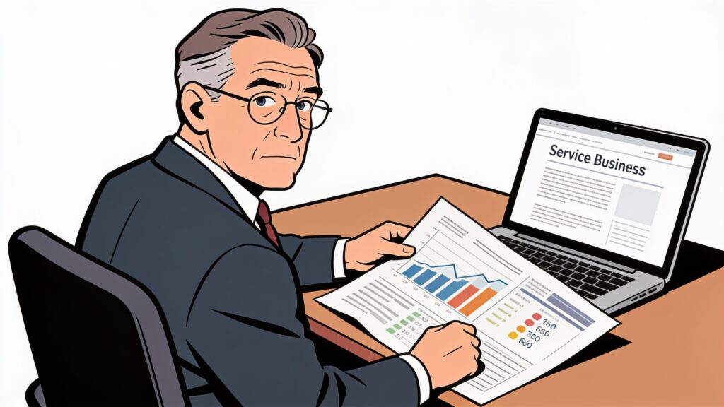 Business professional reviewing content analytics report at a desk with a laptop showing a service business article page beside them