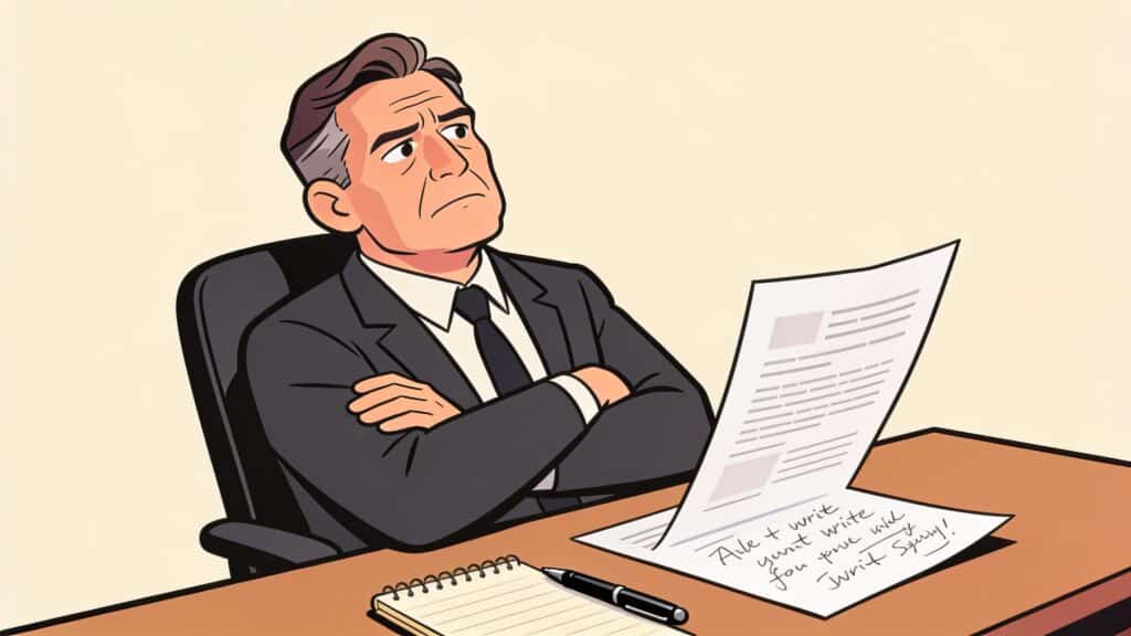 Business owner in their late 40s sitting at a desk, arms crossed, reviewing printed content with a skeptical expression, handwritten notes beside them