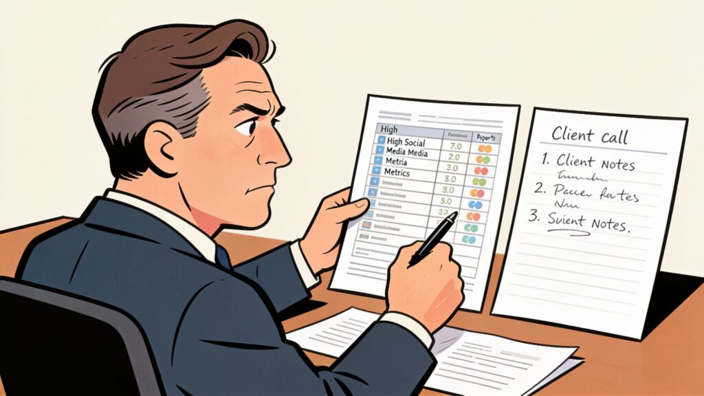 Business owner at a desk comparing a social media metrics report to handwritten client call notes, pen in hand, deciding which data matters.