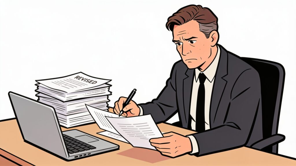 Business owner in their mid-40s reviewing printed content drafts at a desk, pen in hand, with a stack of revised pages beside their laptop.