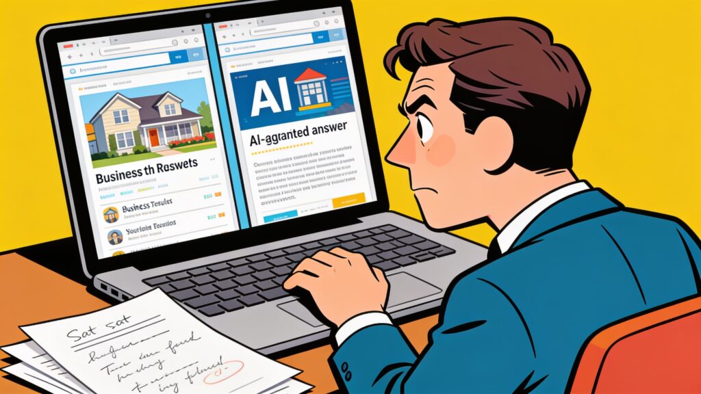 Real estate professional at a desk comparing AI search results on a laptop showing a competitor featured over their own business listing