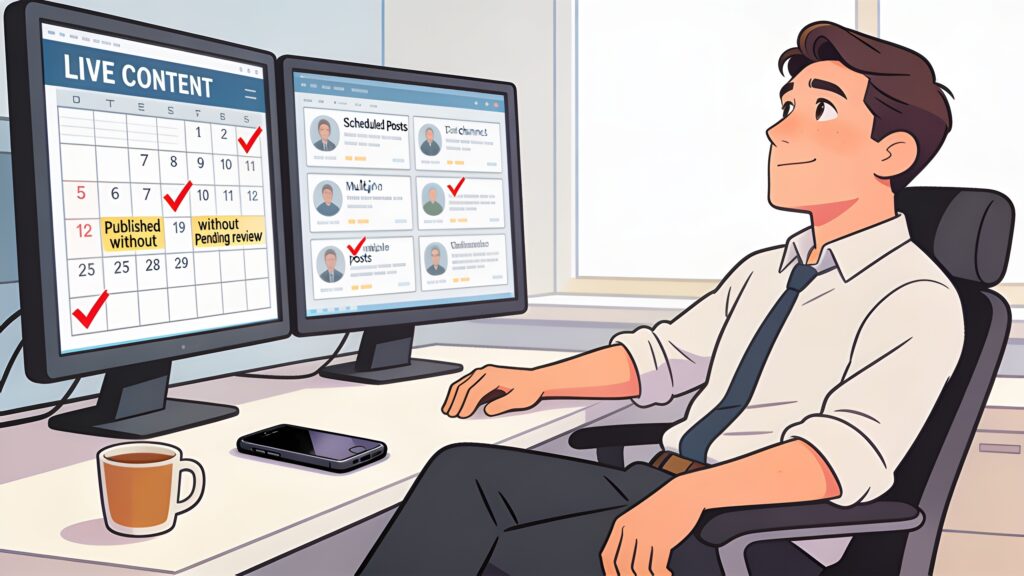 Business owner relaxed at a desk with a dual-monitor content calendar showing scheduled posts all marked published, phone face-down nearby.